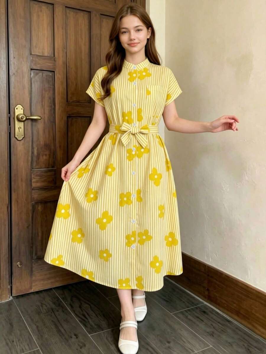 SHEIN 一件式少女夏季休闲时尚经典舒适短袖连衣裙，粉色条纹立领短袖中长宽松衬衫裙，开衩下摆配腰带，适合日常穿着、购物、度假等场合。