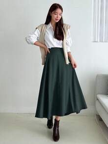 DAZY Rok Kantor Bisnis Wanita Warna Polos Serbaguna Elegan untuk Musim Gugur - Hijau - View 3