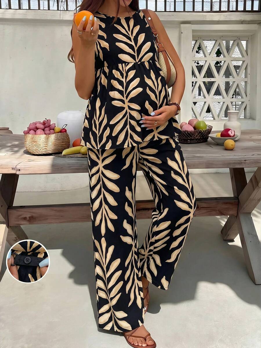 SHEIN Maternity Minimalist Print Sleeveless Top & Long Pants 2 Pieces Set - Black - View 1