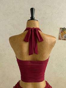 Soleia Damen Frühling/Sommer romantisches Urlaubs Chiffon plissiert rückenfrei Neckholder Top - Bordeaux - Übersicht 6