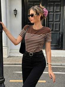 Pariaura Women's Brown Stripe Print T-Shirt With Bow Decor On Back Brunch Summer Cute - Brown - View 5