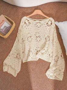 CosyJoli Plus Size Women Solid Color Hollow Out Loose Casual Pullover Sweater Fall - Beige - View 4