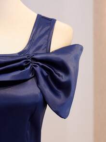 Teen Girl Solid Color Open Shoulder Contrast Mesh Hem Elegant Formal Dress Navy Blue Summer - Royal Blue - View 5