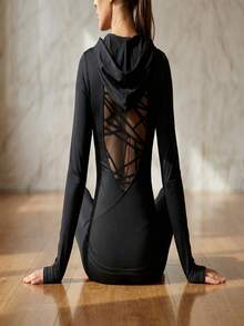 Gameset SHEIN Sport Mesh Patchwork Hooded Sports Sweatshirt - Black - View 3