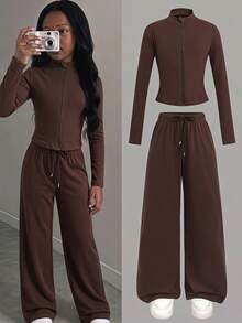 SHEIN Conjunto de chaqueta y pantalones de unicolor casual para niña preadolescente - Marrón - Ver 11