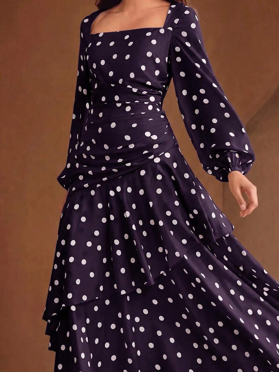 Women's New Elegant Satin Apricot Polka Dot Square Neck Long Sleeve Ruched Waist Flare Hem Dress, Suitable For Vacation, Date, Party, Formal Occasion And Daily Wear
