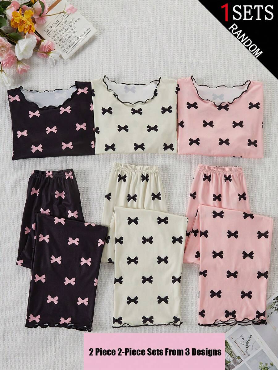 Genkimix Kids 1套女童居家服盲盒,蝴蝶結印花荷葉邊長袖上衣與長褲套裝,3色可選,柔軟針織親膚,隨機發貨3款中的1款 - 彩色 - 查看 1