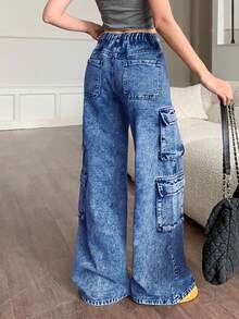 SHEIN 青少年女孩 Y2K 90年代秋季街頭斜口袋純色水洗牛仔褲，口袋設計柔軟優雅休閒直筒工裝牛仔褲，適合通勤、運動、返校，工裝褲 Y2K 牛仔褲寬鬆牛仔褲水洗丹寧牛仔褲寬腿工裝牛仔褲 - 深色水洗藍 - 查看 2