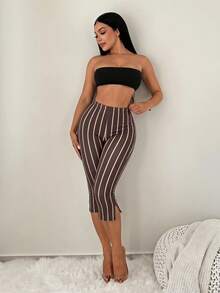 SHEIN SXY 黑色條紋印花高腰開衩七分長緊身褲 - 黑色 - 查看 4