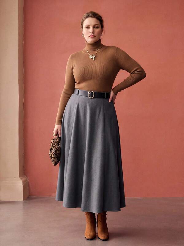 MOTF PREMIUM PLUS SIZE WOMEN'S WOOL BLEND A-LINE UMBRELLA SKIRT, AUTUMN/WINTER