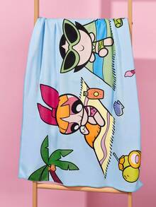 THE POWERPUFF GIRLS X SHEIN 1件裝卡通海綿印花浴巾沙灘巾，可用於海灘，游泳毛巾 - 藍色 - 查看 1
