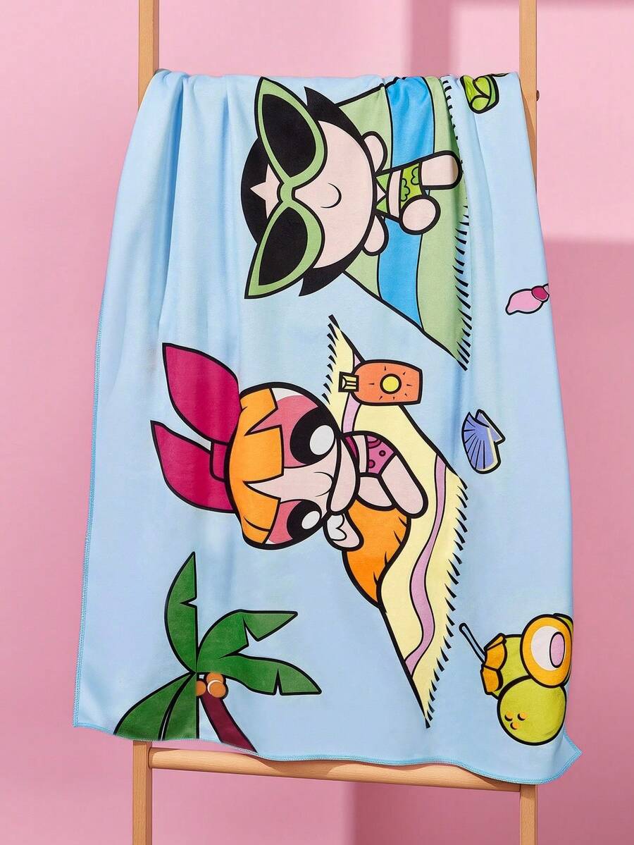 THE POWERPUFF GIRLS X SHEIN 1件裝卡通海綿印花浴巾沙灘巾,可用於海灘,游泳毛巾 - 藍色 - 查看 1