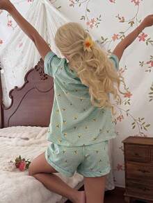 CottageSlumber Women's New Lemon Plaid Print Button-Front Short Sleeve Shorts Pajama Set - Green - View 2