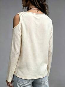 SHEIN Holidaya Elegant Boho Loose Open Shoulder Draped Collar Blouse Metal Button Decor, French Vacation Travel Long Sleeve Women's Shirt Going Out Beige Summer - Apricot - View 2