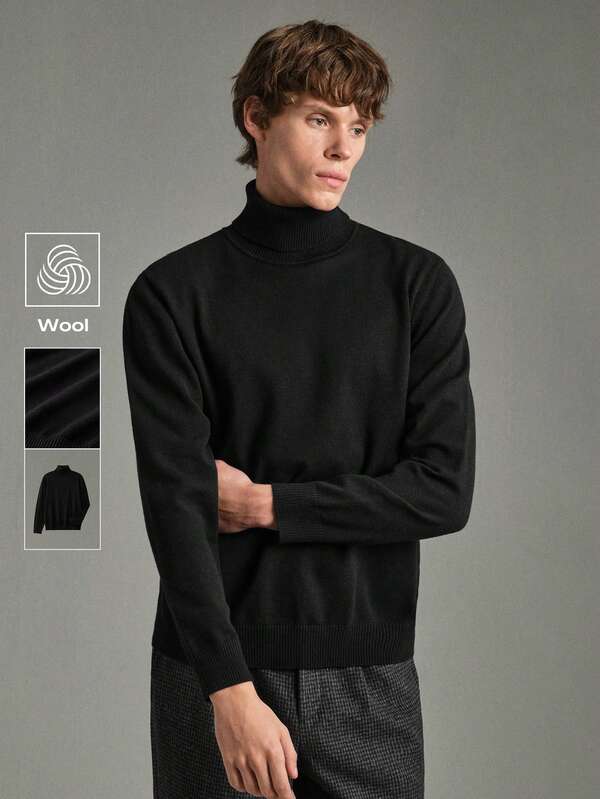 Calmiston Men's Solid Color High Neck Casual Daily Long Sleeve Sweater