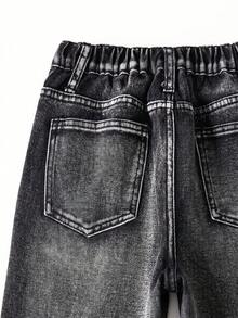 Tween Boy Y2k Loose And Comfortable Street-Style Distressed And Rhinestone-Embroidered Jeans - Black - View 5