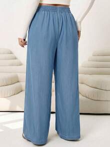 Solflare Plus Size Blue Elastic Waist Loose Wide Leg Long Pants - Blue - View 2