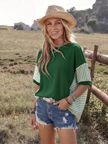 Wildy American Casual Boho Western Country Green And White Striped Patchwork Women's Spring/Summer Daily Vacation Basic Outfit Loose Top T-Shirt For Outing - Green - View 6