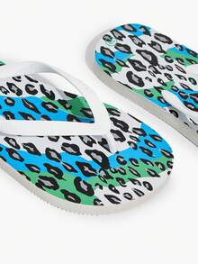 Grefit Blue-Green Contrasting Leopard Print Flip-Flops Female Summer - Blue and White - View 3