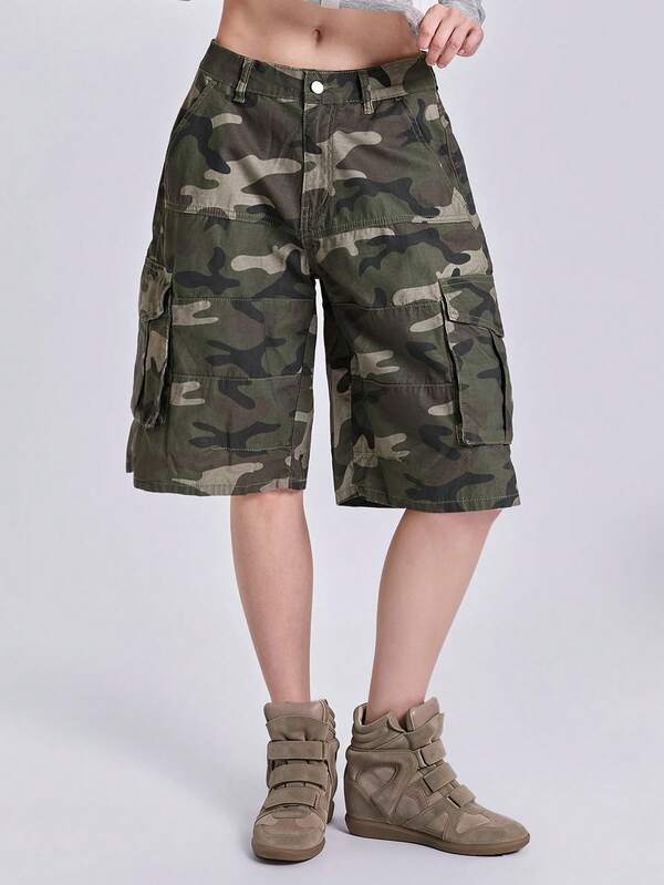 ROMWE Spring/Summer All Season Y2K Millennium Hot Girl Streetwear Camouflage Loose Straight Leg Mid-Length Pants Colossus Jeans