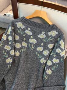 SHEIN Plus Size Elegant 3D Floral Pattern Round Neck Dropped Shoulder Long Sleeve Cardigan - Dark Grey - View 7