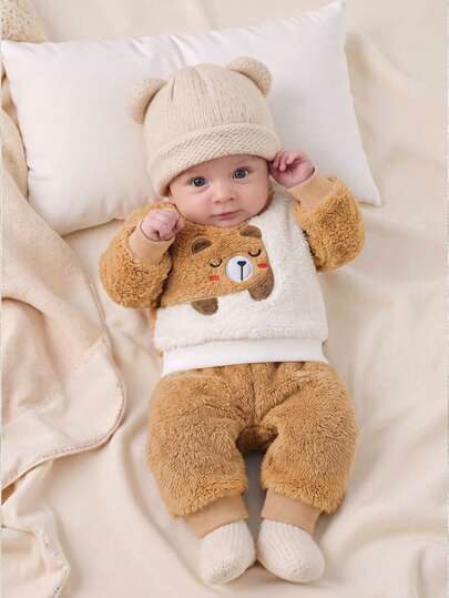 SHEIN 2pcs/Set Baby Boy & Girl Simple Cute 3D Embroidered Plush Long Sleeve Sweatshirt & Plush Long Pants Set, Exquisite Embroidery, Soft & Comfortable Fabric, Suitable For Daily Wear, Celebration Party, Autumn/Winter New Arrival, Fits 0-1 Years Old