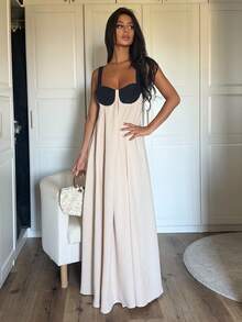 Ronhire Summer Elegant Black And Beige Holiday Vacation Holiday Dress,Women's Backless Spaghetti Strap Pleated Waist Loose Evening Party Wedding Dress - Khaki - View 6
