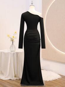 Teen Girl Solid Color Asymmetric Neck Long Sleeve Contrast Lace Pleated Dress - Black - View 3