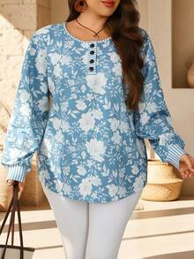 EMERY ROSE Plus Size Women's Floral Print Round Neck 3/4 Sleeve Button Front Ribbed Cuff Loose Fit Pullover Hoodies Casual Elegant Autumn Blue And White Birthday - Multicolor - View 5