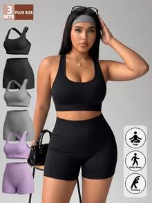 Velisys Velisys Women's Plus Size Solid Color Cropped Top And High Waist Shorts Casual Daily Sports Set - Multicolor - View 3