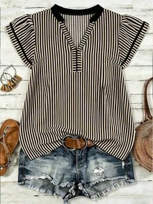 EMERY ROSE Women's Casual Striped V-Neck Top, White And Brown Color-Blocked Bohemian Vacation Shirt For Summer - Multicolor - View 3