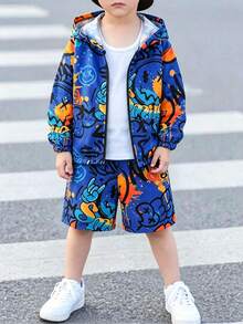 2pcs Young Boy Graffiti Expression All-Over Print Sports Hoodie Jacket And Shorts, Suitable For Daily Wear, School, Sports, Spring, Summer, Autumn - Multicolor - View 5
