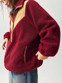 Bohemela Sweatshirt Wanita Kasual Warna Polos dengan Potongan Longgar - Merah - View 8