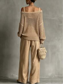 Hotletica Women's Solid Color Drop Shoulder Long Sleeve Hollow Out Loose Sweater - Khaki - View 2