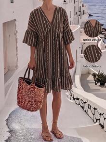 SHEIN Holidaya Gaun Kasual Bergaris Cokelat Gaya Boho Elegan untuk Liburan Musim Panas - Coklat - View 2