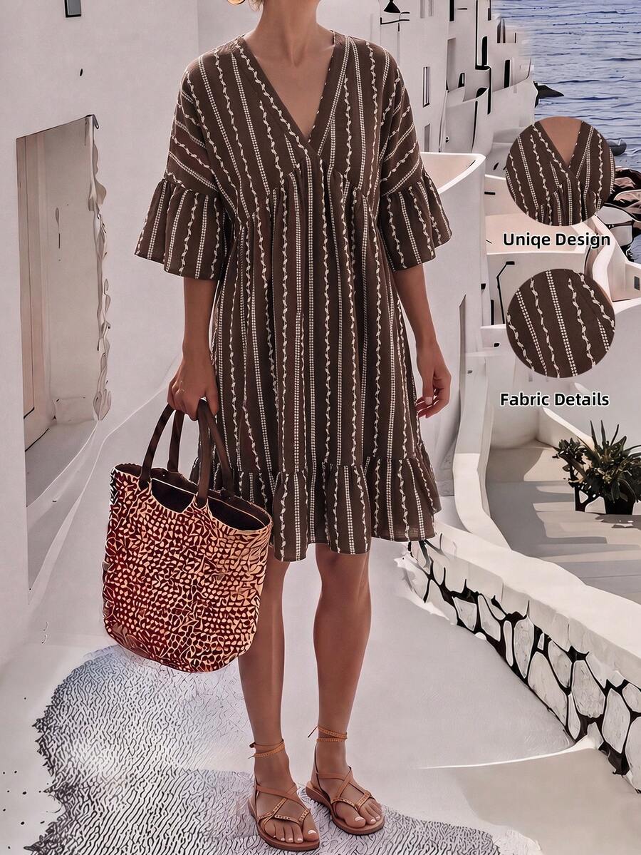 SHEIN Holidaya Gaun Kasual Bergaris Cokelat Gaya Boho Elegan untuk Liburan Musim Panas