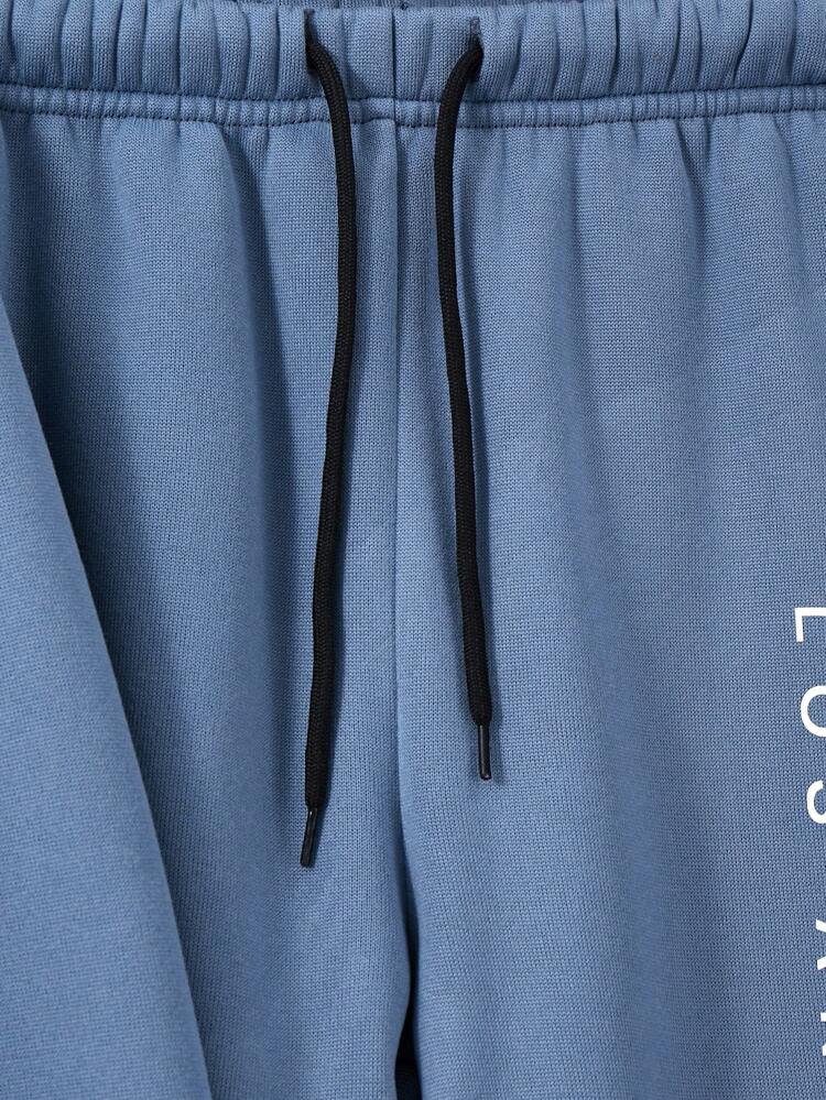 SHEIN Boys' Autumn/Winter Warm Basic Thickened Printed Pocket Hooded Sweatshirt & Sweatpants Set - Dusty Blue - View 6