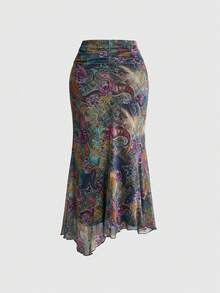 ROMWE Plus Size Women's Vintage Boho Hippie Asymmetrical Hem Paisley Print Skirt - Multicolor - View 2