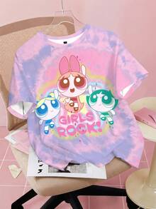 THE POWERPUFF GIRLS X SHEIN 女款字母卡通印花圓領短袖休閒T恤 - 白色 - 查看 1