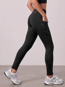 SHEIN Tween Girl Contrast Panel Phone Pocket Top-Stitching Active Leggings, Autumn Winter, Fall, Back To School, Yoga, Running, Cycling, Gym, Workout - Black - View 2