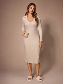Lazeform Solid Color Knitted Long Sleeve V-Neck Fitted Nightgown, Wearable As Loungewear Dress - Apricot - View 6