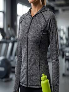 Eassivo Front Zipper Hooded Sports Fitness Jacket - Grey - View 2