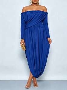 SOLERSUN Große Größen Off-Shoulder einärmliges Satin Abendkleid mit geraffter Taille und asymmetrischem Schlitz, elegantes luxuriöses langes Kleid für Partys - Blau - Übersicht 2