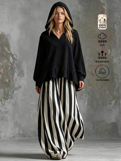Breezaya Women's Black & White Vertical Striped Jogger Lantern Pants + Hooded Loose Sweatshirt 2 Pieces Set