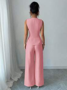 SHEIN Raffinéa 女款法式優雅度假休閒通勤金色花朵鈕扣套裝 - 粉色 - 查看 2