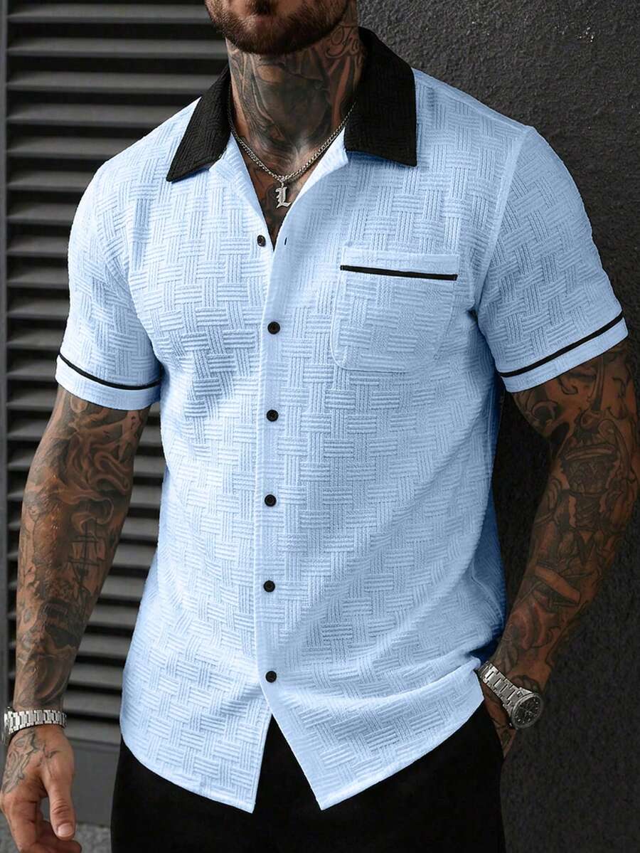 SLATEMANN Men's Casual Pocket Single-Breasted Short Sleeve Contrast Color Shirt - Blue - View 1