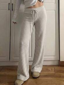 CovetEZ Women Striped Knit Lounge Pants Comfortable Drawstring Wide Leg Trousers For Casual Wear - Khaki - View 2