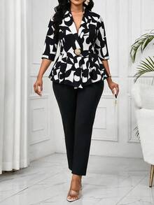 SHEIN Lady Plus Size Women's Geometric Pattern 3/4 Sleeve Jacket And Long Pants Elegant Suit 2 Pieces Set Office Dinner Formal Black And White Summer - Black and White - View 5