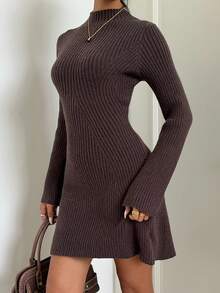 Aloruh Women's Autumn/Winter New Ribbed Dark Brown A-Line Long Sleeve Sweater Dress Work Everyday Daily Casual - Brown - View 5