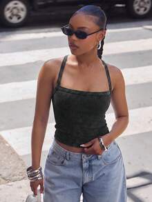 Denimoi Áo tank top dệt kim gân cổ vuông hở lưng chéo, thời trang mặc hàng ngày cơ bản - Màu xám đen - Xem 2